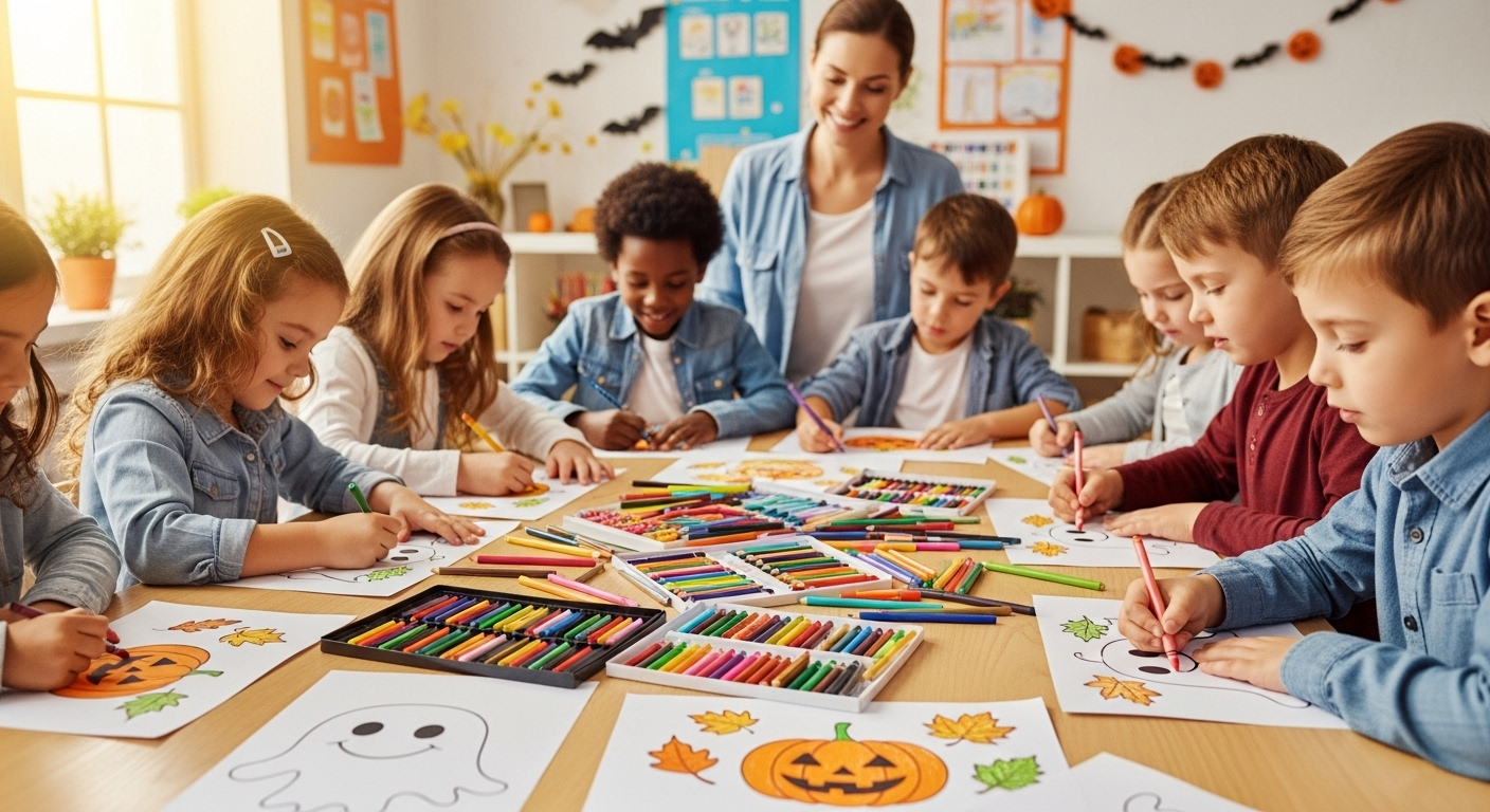 Crianças felizes colorindo desenhos de Halloween